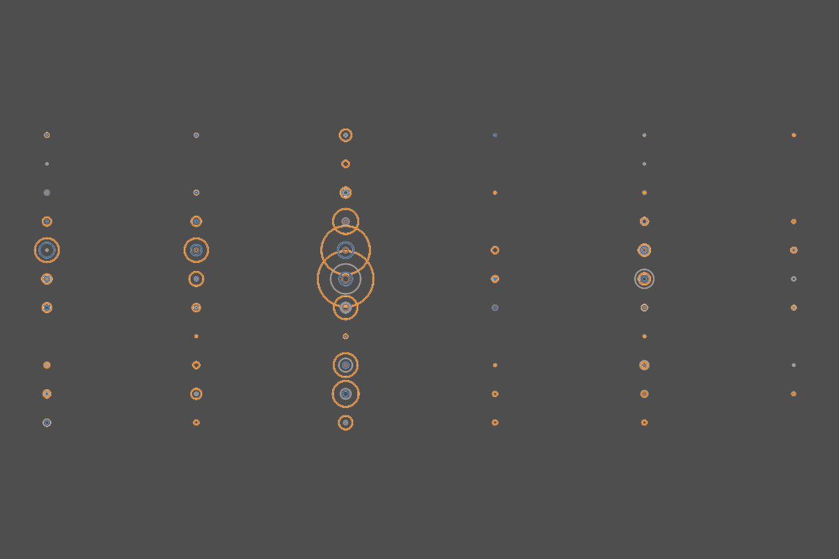 A data visualisation featuring a symmetrical pattern of concentric circles in orange and blue on a dark background.